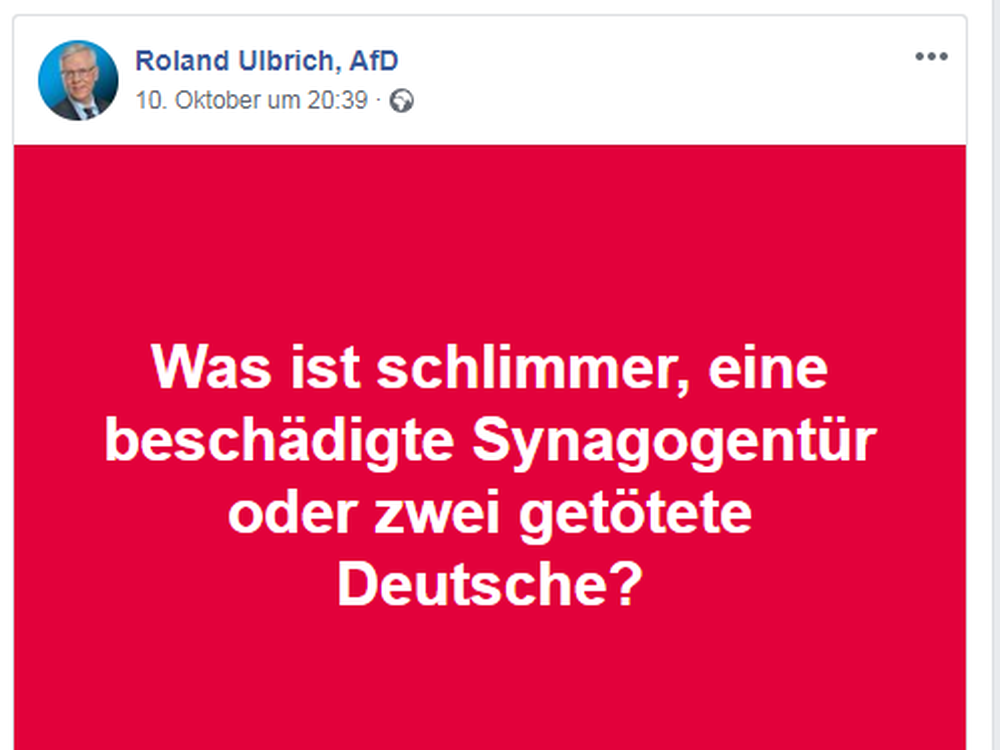 Screenshot des Facebook-Post von  AfD-Mann Ulbrich anlässlich des Terroranschlags in Halle (Foto: Tagesspiegel)