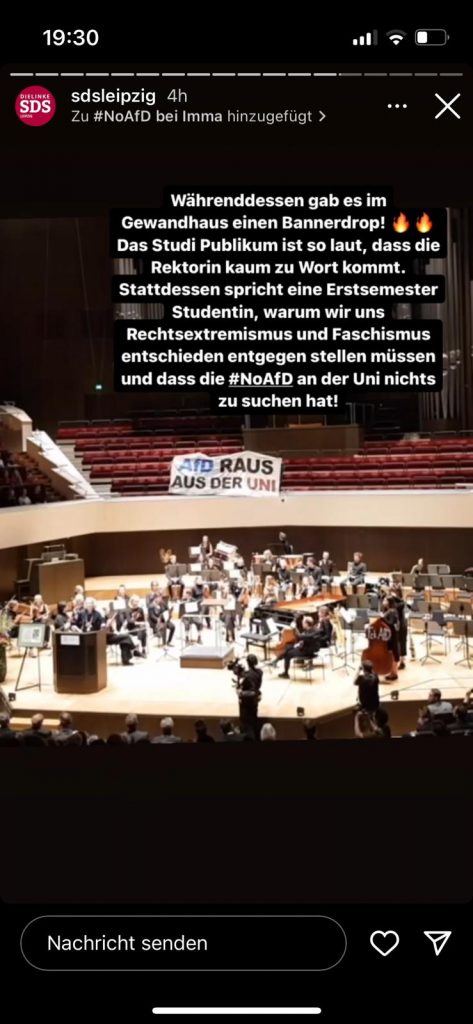 Auch im Gewandhaus kam es zu Protest. Screenshot des Instagram-Posts des SDS Leipzig (Foto: SDS Leipzig, Screenshot LJ)
